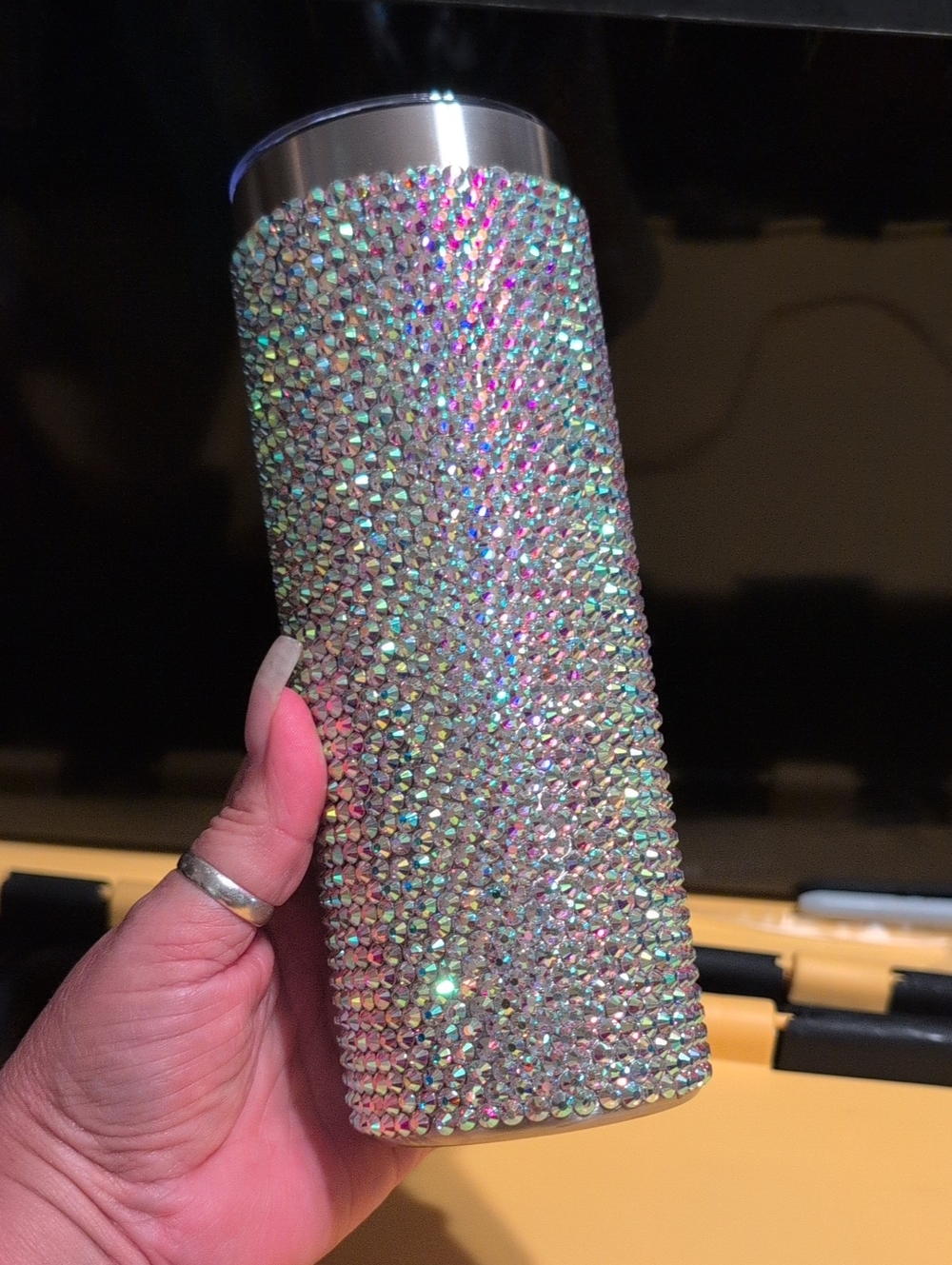 Hand Placed Crystal Rhinestone Stainless Tumbler - Iridescent Sparkle 20 oz